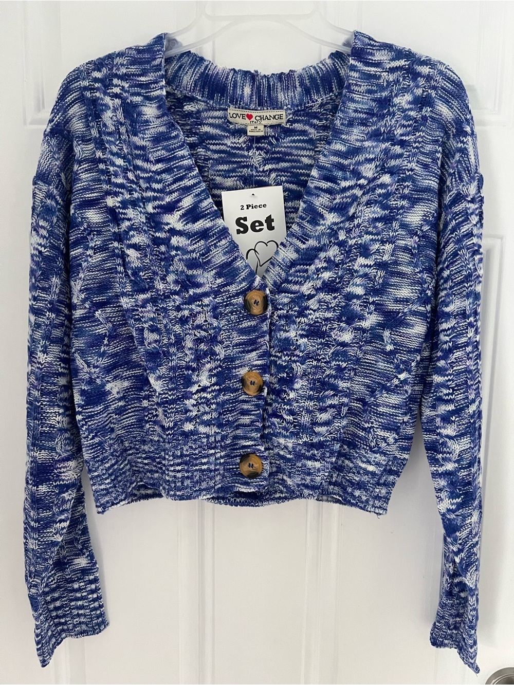 2 Piece Love Change Italy Ladies White Blue Crop Sweater Button NWT Size M #744